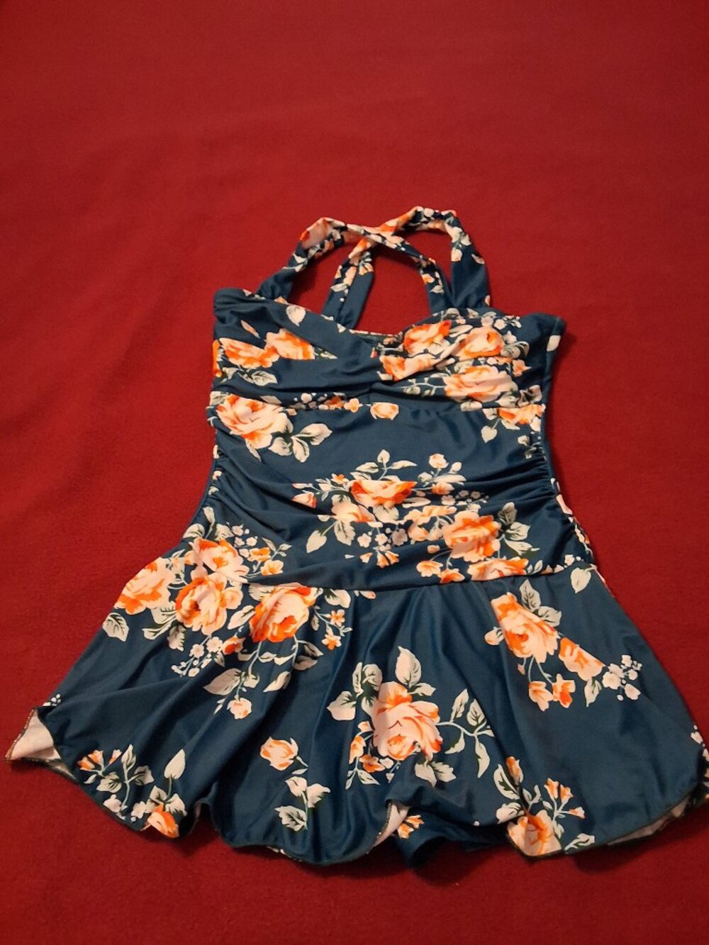 EUC Women's 1 pc Swimsuit foral dress style sz L boy short legs